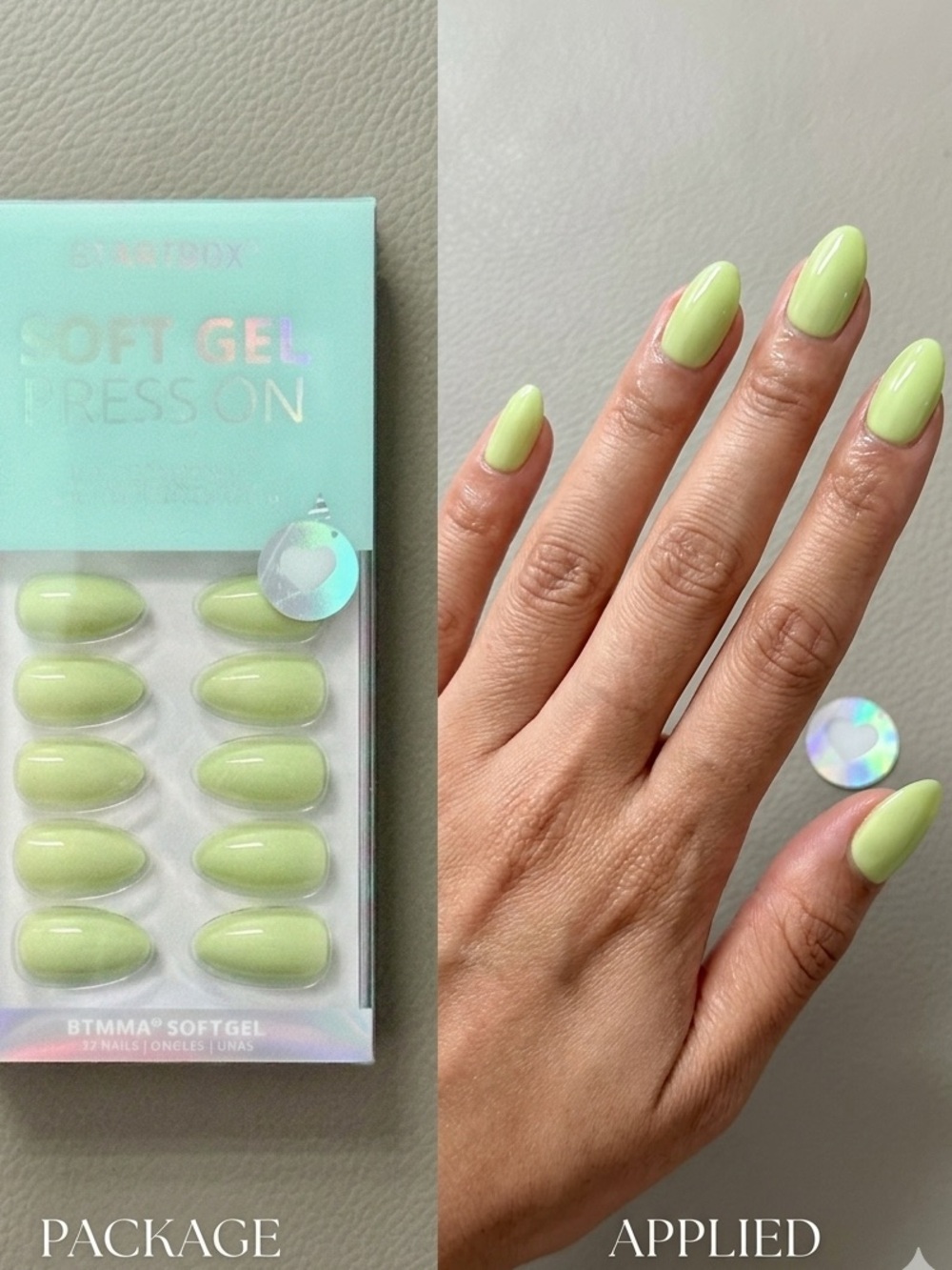 BTARTBOX Soft Gel Press-On Nails - Short Almond Pastel Lime Green (32 Pcs)